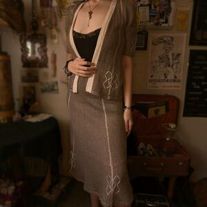 Vintage Mary Farrin Crochet Knit Cardigan Skirt Set Women's Small Light Brown
